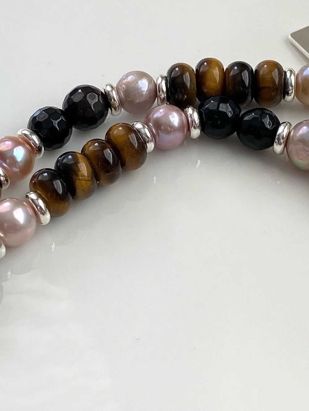 GP58-Handmade Agate, Tiger’s Eye, Onyx And Freshwater Pearl Necklace - Picture 11 of 15